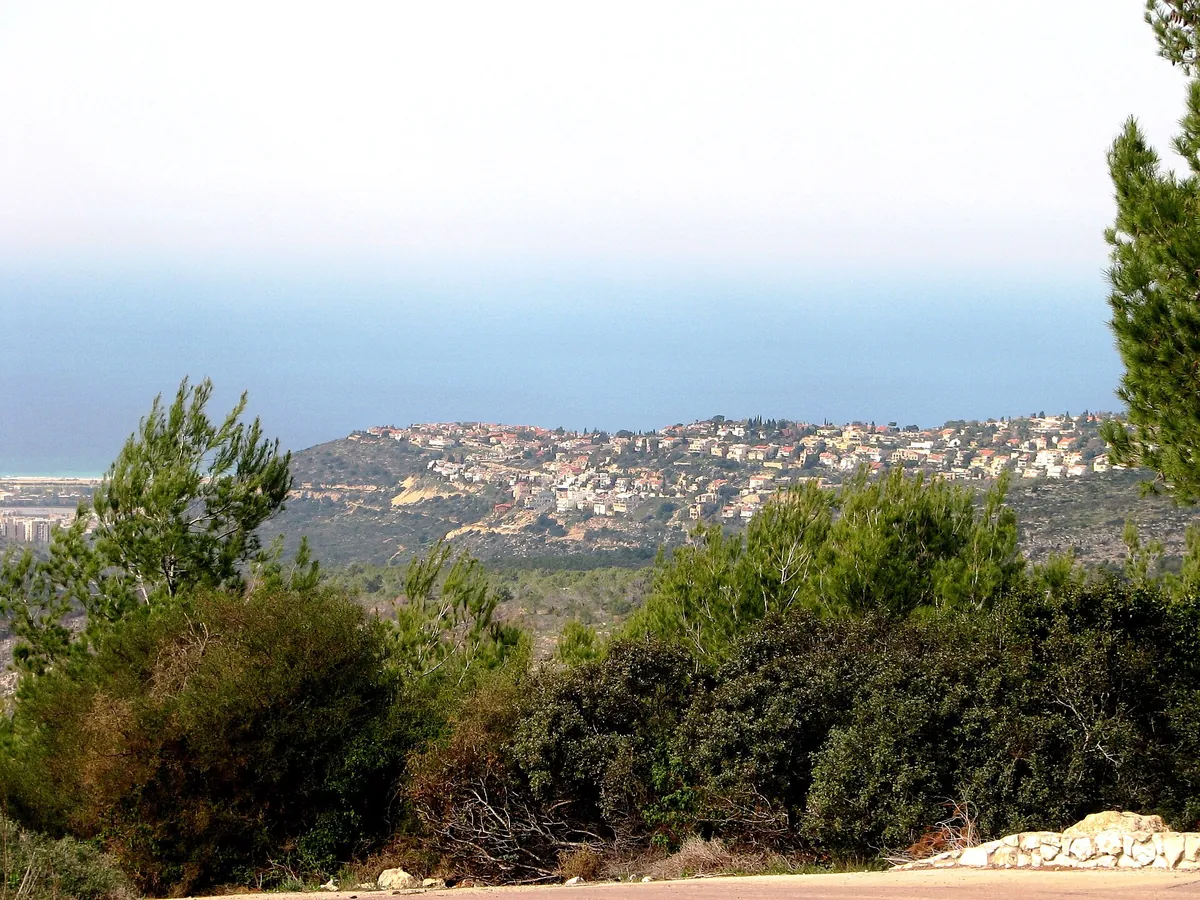 Villas of Denya on a wooded Carmel ridge, with the sea in the distance