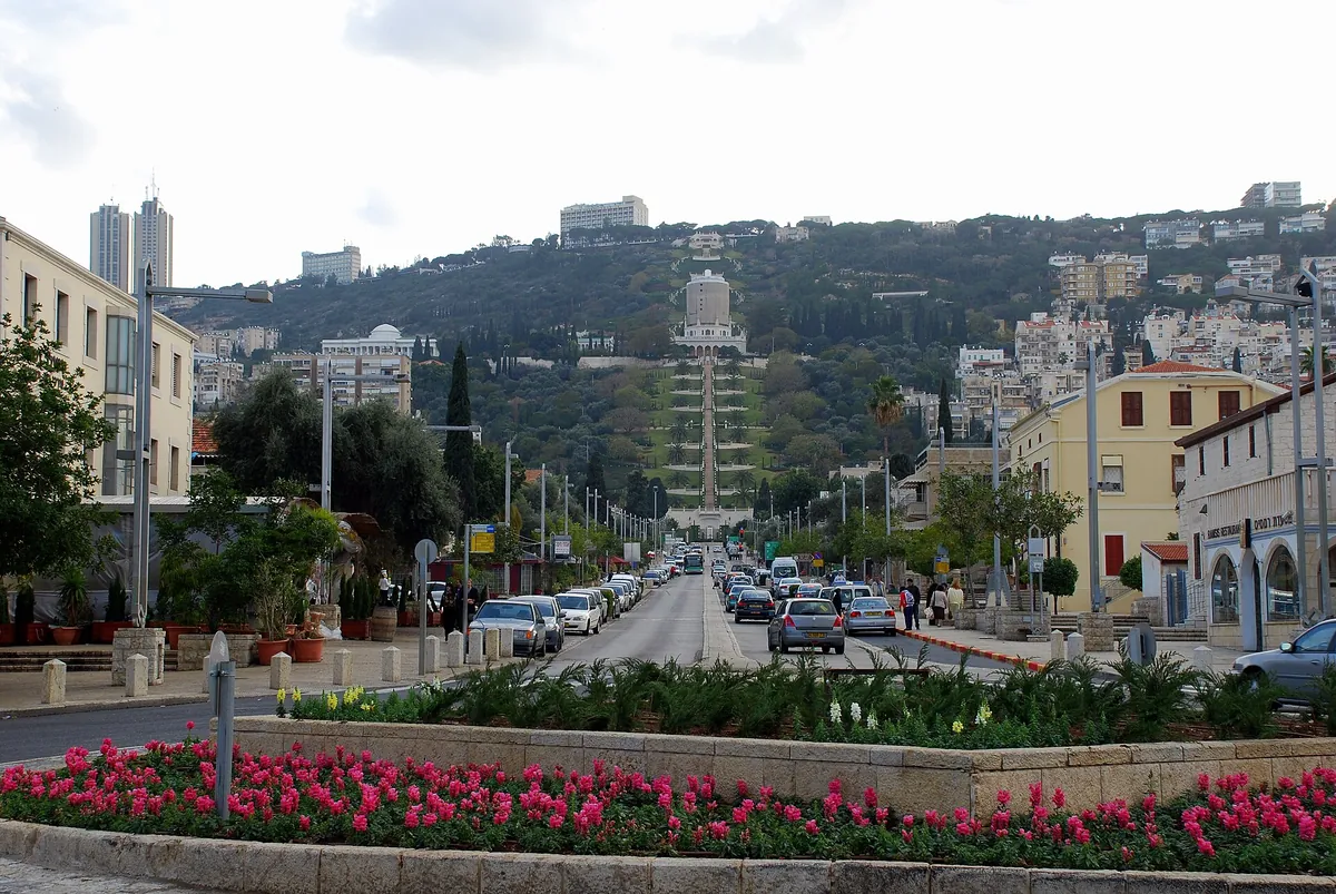 Ben Gurion Boulevard in the German Colony, looking up the Baha'i Gardens' terraces to the Shrine of the Bab