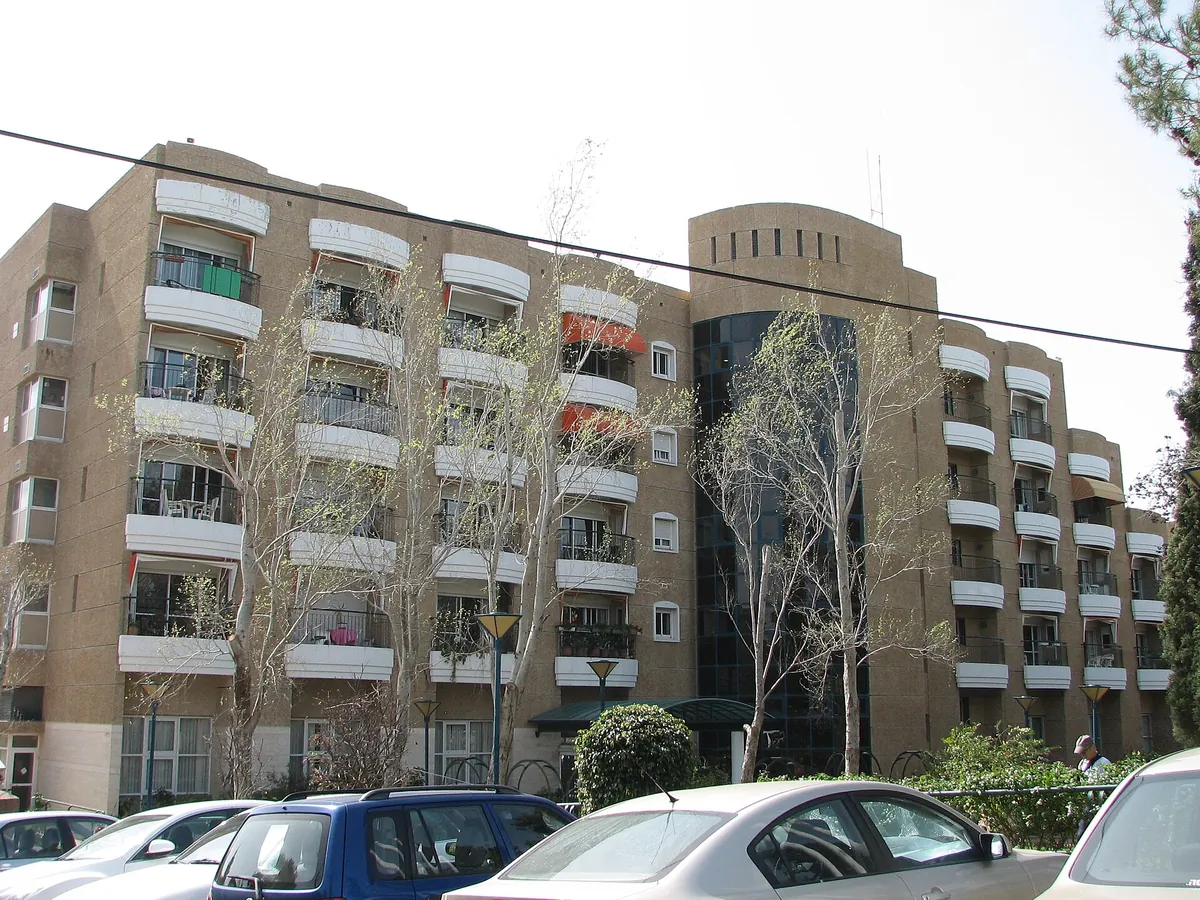 Pisgat Ahuza, a five-storey residential building with curved balconies in Ahuza